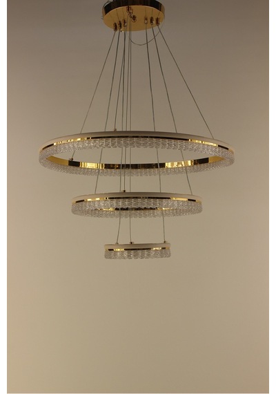 Şık Gold Kaplama 3 Katlı Silikonlu Kristalize Halka Serisi Formu Modern Led Sarkıt