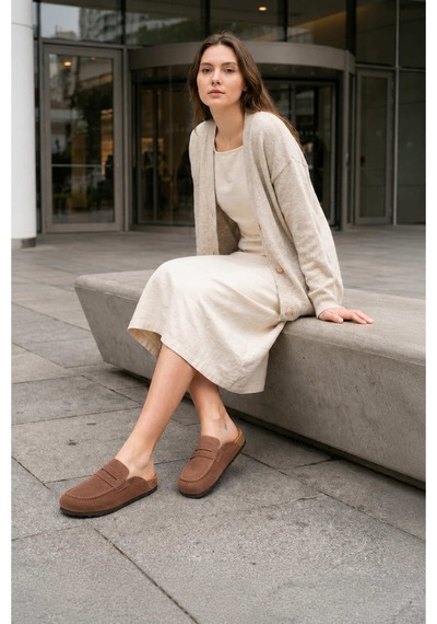 DMR Elegance Luvra Bağcıksız Hakiki Süet Deri Kadın Günlük Mantar Taban Loafer Klasik Ayakkabı Hdmt - Kahve Kahverengi