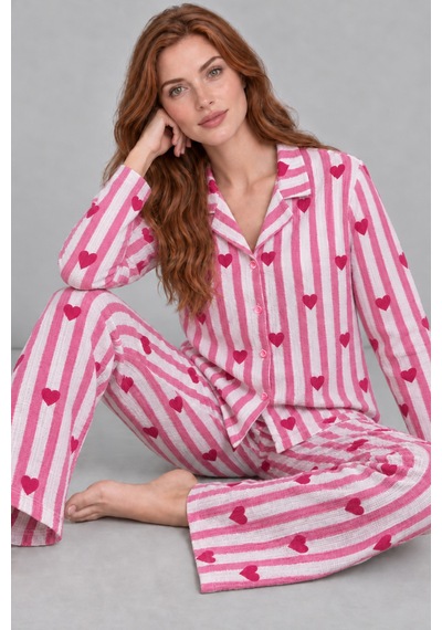 Womanandkids Night Pembe Kadın Uzun Kollu Gömlek Yaka Çizgili Kalpli Pijama Takımı 4770