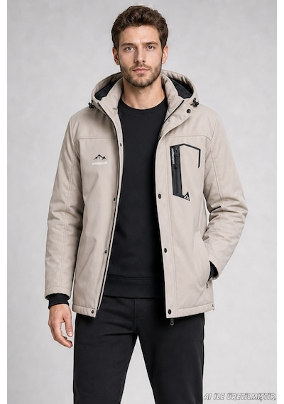 Freemen Erkek Kapüşonlu İçi Kürklü Su Ve Rüzgar Geçirmez Outdoor Softshell Mont-414 Taş