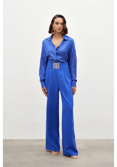 Sateen Bel Aksesuarlı Bol Paça Pantolon - Sax Mavi-134774 Saks Mavisi Sateen Bel Aksesuarlı Bol Paça Pantolon - Sax Mavi-134774 Saks Mavisi