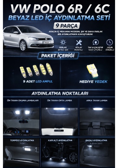 Vw Polo 6r 6c Led İç Aydınlatma Seti Beyaz 9 Parça +  T10 Ampul