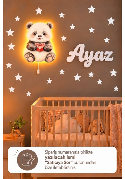 Ahşap Panda Lamba & Işıksız İsimlik Seti İsimli Bebek Ve Çocuk Odası Dekoru Siyah