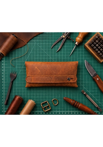 Vintage Leather Craft Hakiki Deri El Portfoyü Telefon Bölmeli Açık Kahverengi - Taba