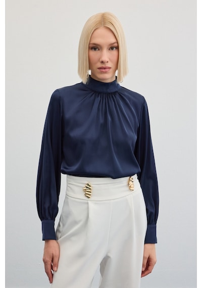 Sateen Yaka Detaylı Saten Bluz - Lacivert-136018 Lacivert