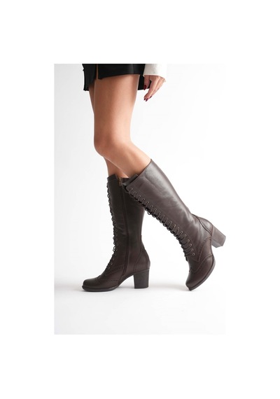 Analin Shoes Kadın Hakiki Deri Bağcıklı Topuklu Çizme Kahve