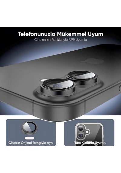 İphone 17 İle Uyumlu Kamera Koruyucu Alüminyum Alaşım Çerçeveli Ve 9h Sertliğinde Temperli Camlı Lens Koruyucu Siyah