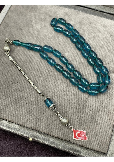 Türk Bayrağı Uçlu Arpa Kesim Petrol Mavisi Ateş Kehribar Tesbih 6x10 Mm Mavi