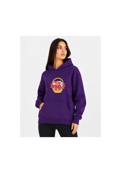 Herkesemoda Çiçek Sepeti Baskılı Kapüşonlu 2 İplik Şardonlu Sweatshirt Mor