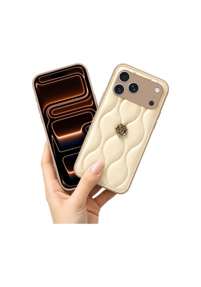 Apple İphone 17 Pro Max Uyumlu Kılıf Çiçekli Dalgalı Deri Kılıf Bej