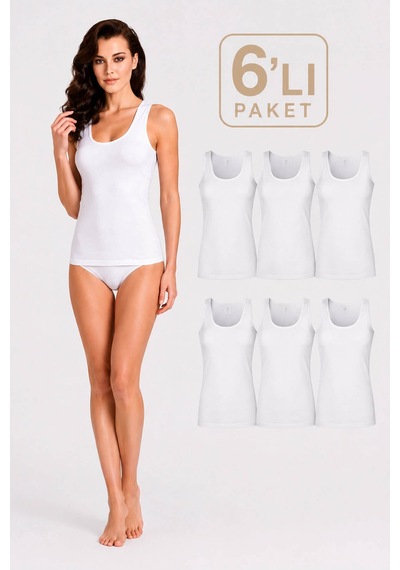 Hepsine Rakip Kadın Likralı Geniş Askılı Pamuklu Atlet 6 Lı Paket Beyaz