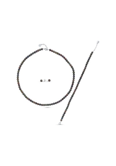 5 Mm Siyah Doğal İnci Sıralı Kolye Bileklik Küpe Üçlü Set 40 Cm / Sarı Gümüş
