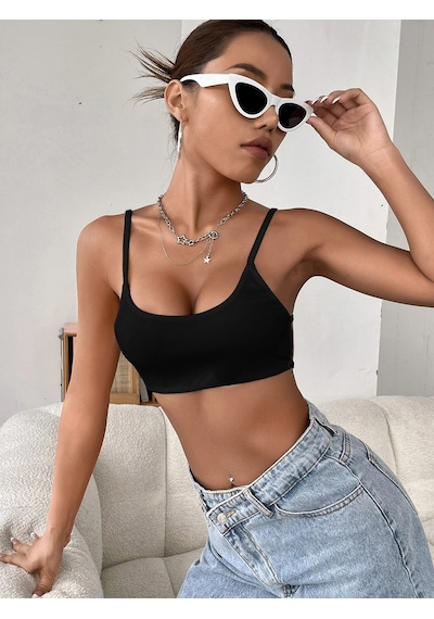 Liona Kadın Siyah Renk Sırtı Açık İpli Sütyen Stil Super Crop Mini Büstiyer 001