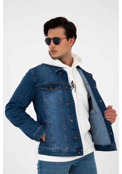 HLT Jeans Erkek Mavi Jean Denim Standart Kalıp Pamuk Cepli Düğmeli Kot Ceket 001