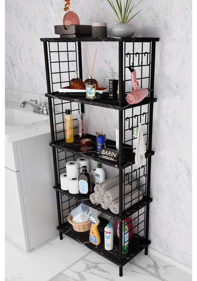 5 Raflı Çevir-kur Raf Ünitesi Telli Metal Gövdeli Organizer Banyo, Mutfak, Balkon, Antre Uyumlu Siyah Mermer