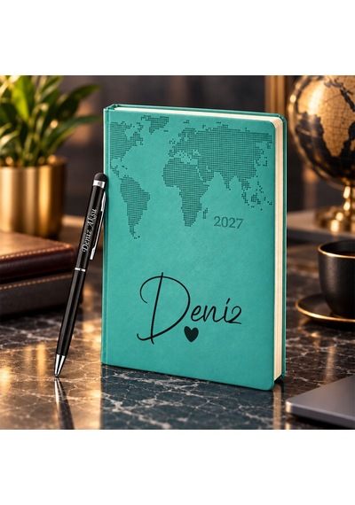 Bk Gift Kişiye Özel 378 Termo Deri Tarihli Ajanda & Siyah Touch Pen Tükenmez Kalem-12 Turkuaz