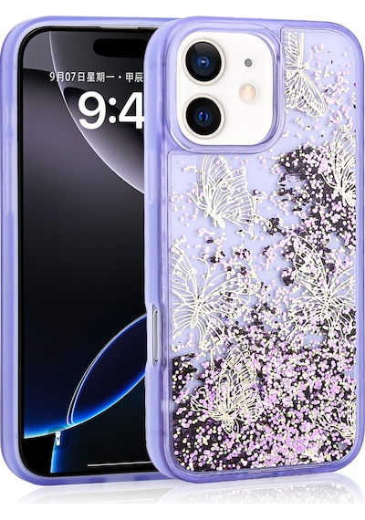 Apple Uyumlu iPhone 12 Kılıf Sıvılı Simli Kelebek Baskılı Şeffaf Arka Yüzey Zore Glis Silikon Kapak Mor