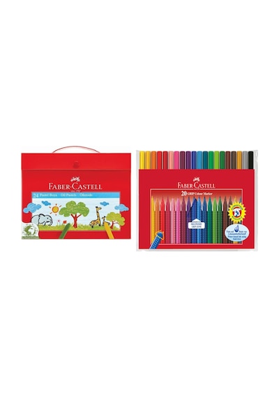 Faber Castell İkili Paket 24 Renk Plastik Çantalı Pastel Boya Ve 20 Renk Grip Keçeli Kalem Çok Renkli