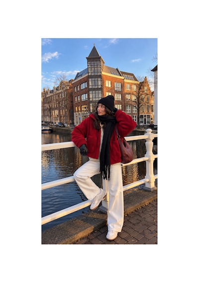 Nilza Kadın Teddy Peluş Ceket Kapüşonlu Fermuarlı Cepli Oversize Sweatshirt Kırmızı