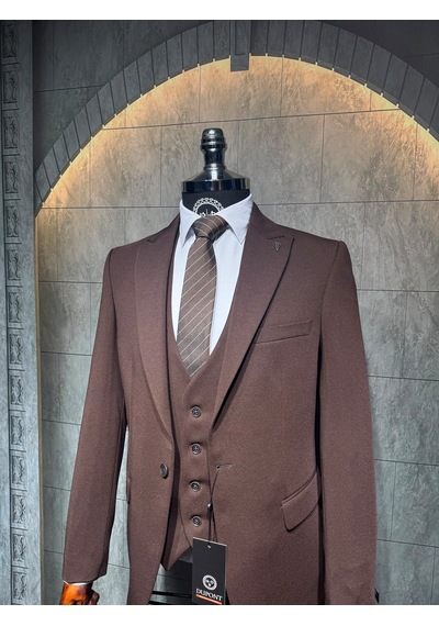 Dupont Classics Dupont Erkek Slim Fit 6 Drop Tek Düğme Çift Yırtmaç Likralı Zara Kumaş Yelekli Takım Elbise Kahverengi Dupont Classics Dupont Erkek Slim Fit 6 Drop Tek Düğme Çift Yırtmaç Likralı Zara Kumaş Yelekli Takım Elbise Kahverengi
