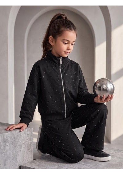 Zekids Kız Çocuk Siyah Taşlı Fermuarlı Geniş Paça Eşofman Takımı-17432