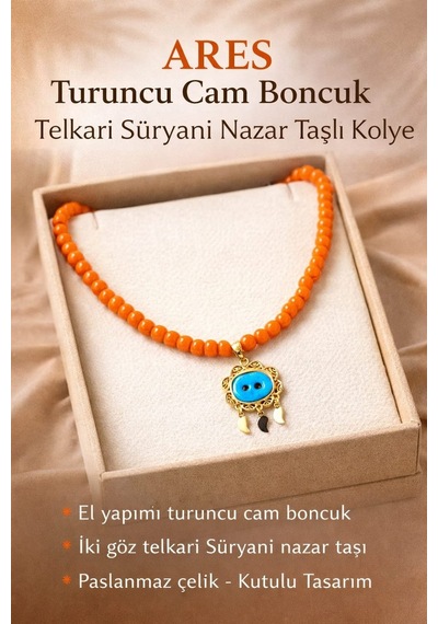 Sinem Şanlı Ares Turuncu Cam Boncuk Telkari Süryani Nazar Taşlı Tasarım Kolye Turuncu