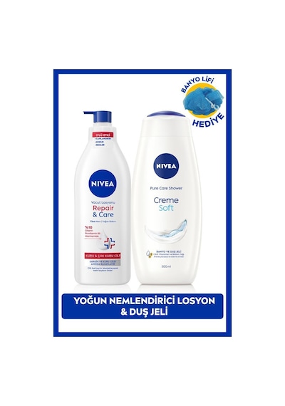 Creme Soft Duş Jeli 500ml Ve Repair Care Vücut Losyonu 400ml, Lif Hediyeli, Kaşıntılı Ve Hassas Cilt