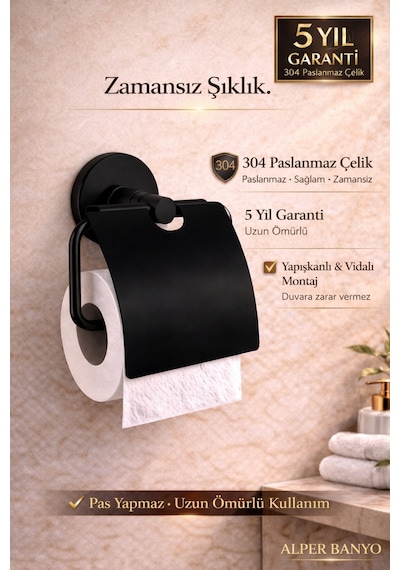 Alper Banyo Siyah 304 Paslanmaz Çelik Kapaklı Tuvalet Kağıtlığı – 5 Yıl Garantili – Yapışkanlı & Vidalı Montaj