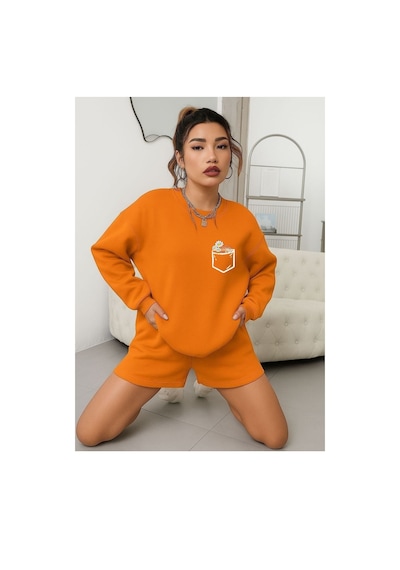Benroma 3 İplik Penye Papatya Baskılı Unisex Sweatshırt Turuncu