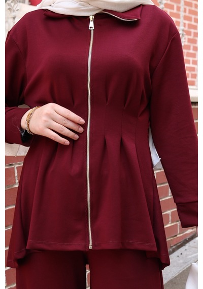 Balenbi Kadın Oversize Kesim Beli Pileli Ful Fermuarlı Modal Takım 1235 Bordo
