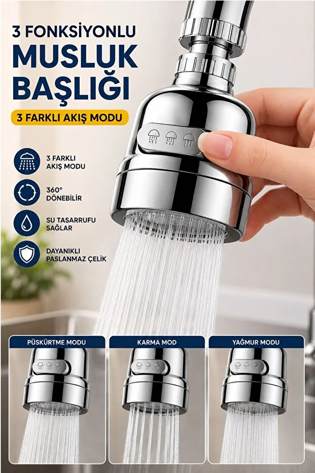 Musluk Başlığı 3 Fonksiyonlu 360 Döner Krom Mutfak Lavabo Musluk Ucu Su Tasarruflu 360 Döner, 3 Mod Yağmur, Geniş Sprey, Yoğun Jet