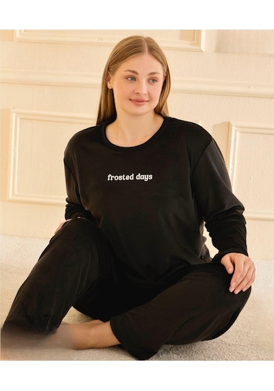 Mihra Kadın Kışlık Bisiklet Yaka Kadife Battal Pijama Takımı 13213s - 1 Adet Siyah