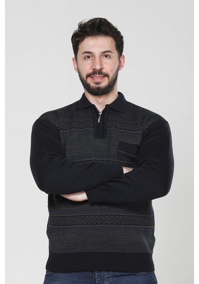 Kzc Tekstil Erkek Baba Orta Yaş Ve Üzeri Triko Örgü Akrilik Kışlık Regular Fit Cepli Fermuarlı Polo Yaka Kazak Lacivert