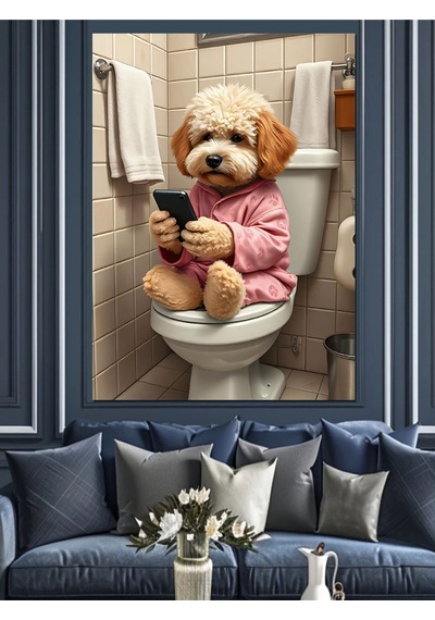 Pijamalı Köpek Telefon Keyfi Dekoratif Kanvas - Mdf Ahşap Tablo