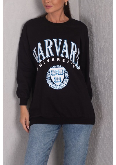 Armonika Kadın Siyah Önü Yazılı Yuvarlak Yaka Oversize Uzun Kol Sweatshirt Arm-24k024005