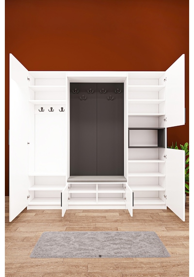 Lüks Puflu Aynalı Portmanto Askılı Vestiyer %100 Mdf Çok Raflı Modern Ayakkabılık V06 Beyaz - Antrasit Lüks Puflu Aynalı Portmanto Askılı Vestiyer %100 Mdf Çok Raflı Modern Ayakkabılık V06 Beyaz - Antrasit