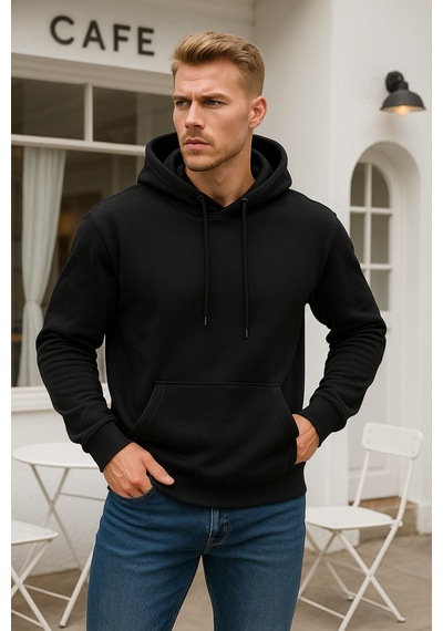 Rich Erkek Siyah Pamuklu Cep Detaylı Kapüşonlu Sweatshirt Siyah