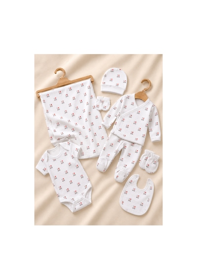 Lilliy %100 Pamuklu 7 Parça Yenidoğan Bebek Hastane Çıkış Takımı I Love Dad Mom Desenli 0-3 Ay Beyaz