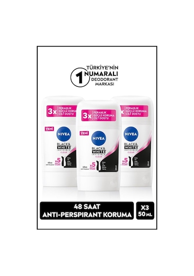 Nivea Black & White Invisible Clear 48 Saat Kadın Stick Deodorant 3 x 50 ML