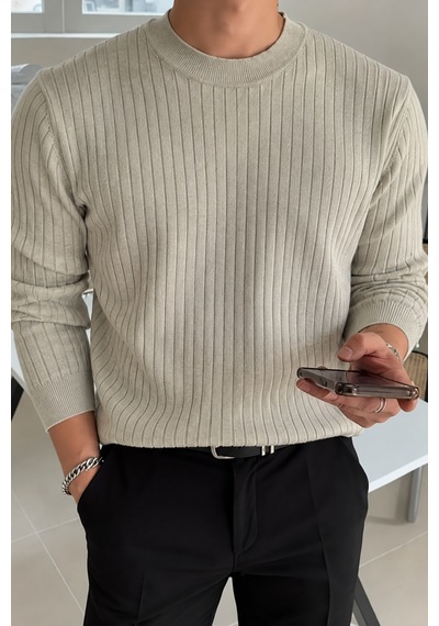 Erkek Bisiklet Yaka Slim Fit Triko Kazak Bej