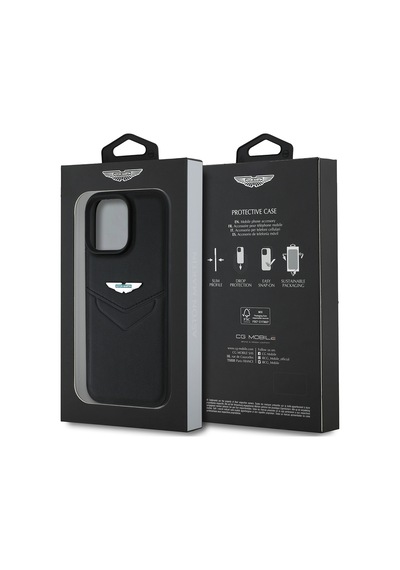 Apple Uyumlu iPhone 15 Pro Max Kılıf Aston Martin Lisanslı Victory Dizayn Deri Metal Logolu Kapak Siyah