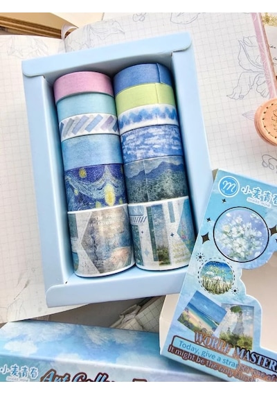 Tr Art Vintage Washi Tape Bant Yapışkanlı Maskeleme Kağıdı Desenli Bant 12'li - Mavi Van Gogh Tabloları