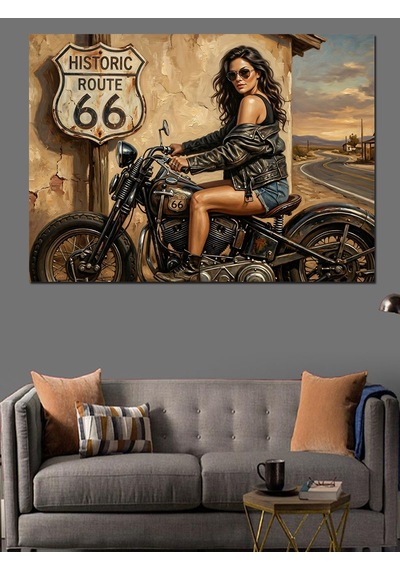 Route 66 Yolunda Motosikletli Kadın Dekoratif Kanvas - Mdf Ahşap Tablo