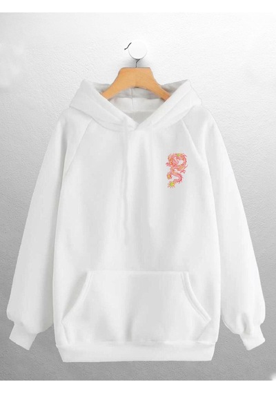 Macklin Unisex Kadın Erkek Kırmızı Ejder Baskılı Sweatshirt Beyaz Mck0669 Beyaz