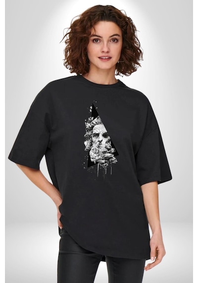 Poseidon Felsefe Pamuklu Bisiklet Yaka Unisex Oversize Boyfriend Dijital Baskılı Siyah T-shirt Siyah