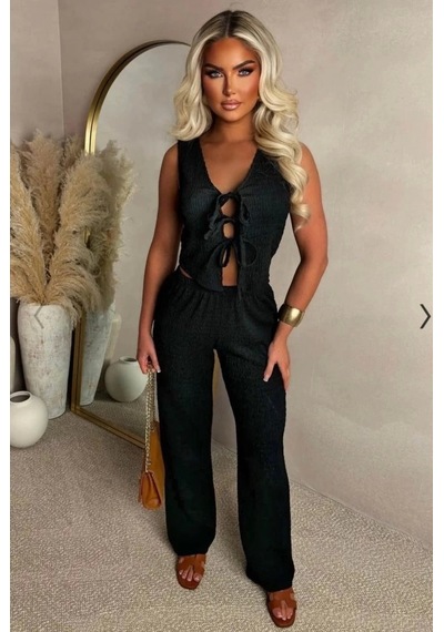 Defymoda Kadın Ital Piliseli Kumaş Önde Bağcık Detaylı Takım Siyah