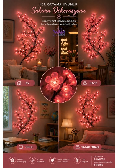 Kiraz Çiçeği Sakura Led Duvar Dekoru 144 Led Ağaç Dalı Işık, 8 Mod, Kumandalı Pembe