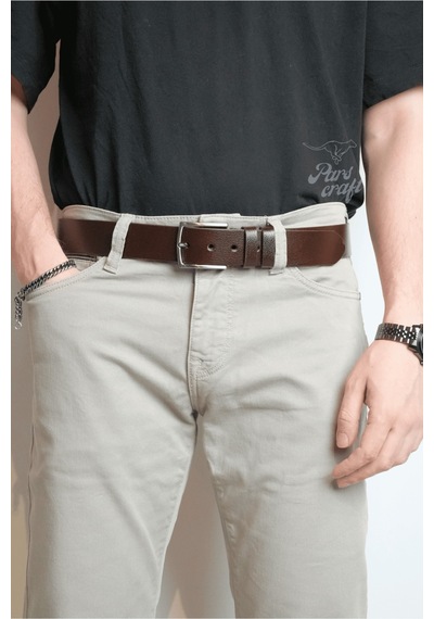 Parscraft Hakiki Manda Derisi Erkek Kemer 4 Cm Kahverengi Kot Kumaş Pantolon Spor Kemer