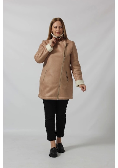 Moda Berray 3262 Uzun İçi Kürklü Boğazı Kemer Detaylı Kaban Vizon Kahverengi
