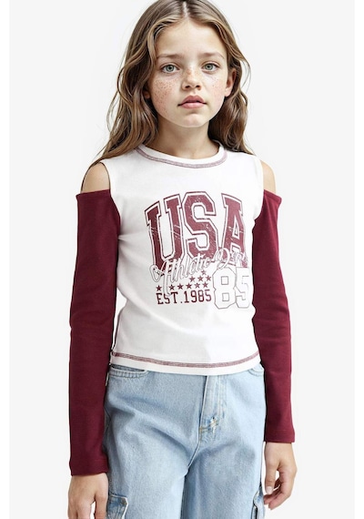 Defacto Kız Çocuk Okula Dönüş Slim Fit Dar Kesim Bisiklet Yaka Slogan Baskılı Ribana Uzun Kollu Tişört F7582a825auer105 Ekru